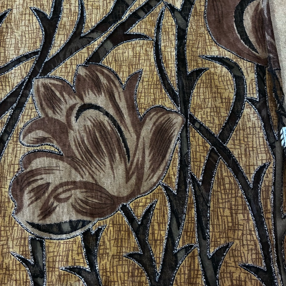 Black & Golden Brown Floral Pattern With Silver Glitter Scarf With Fringe - Picture 4 of 11